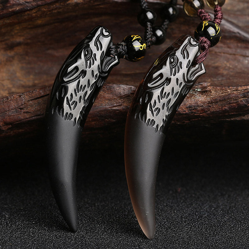 Karma Stone Natural Ice Obsidian Wolf Tooth Pattern Courage Necklace Pendant