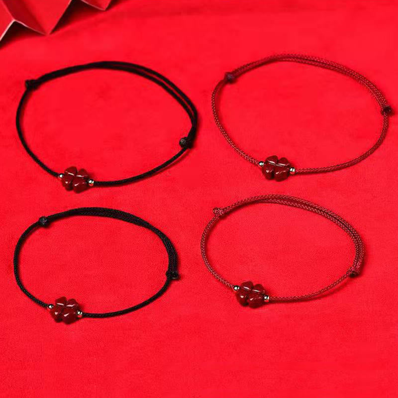 Karma Stone Natural Cinnabar Four Leaf Clover Blessing Red String Bracelet Anklet