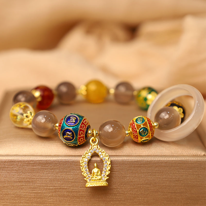 Karma Stone Natural Gray Agate Five Directions Gods of Wealth Om Mani Padme Hum Buddha Charm Bracelet