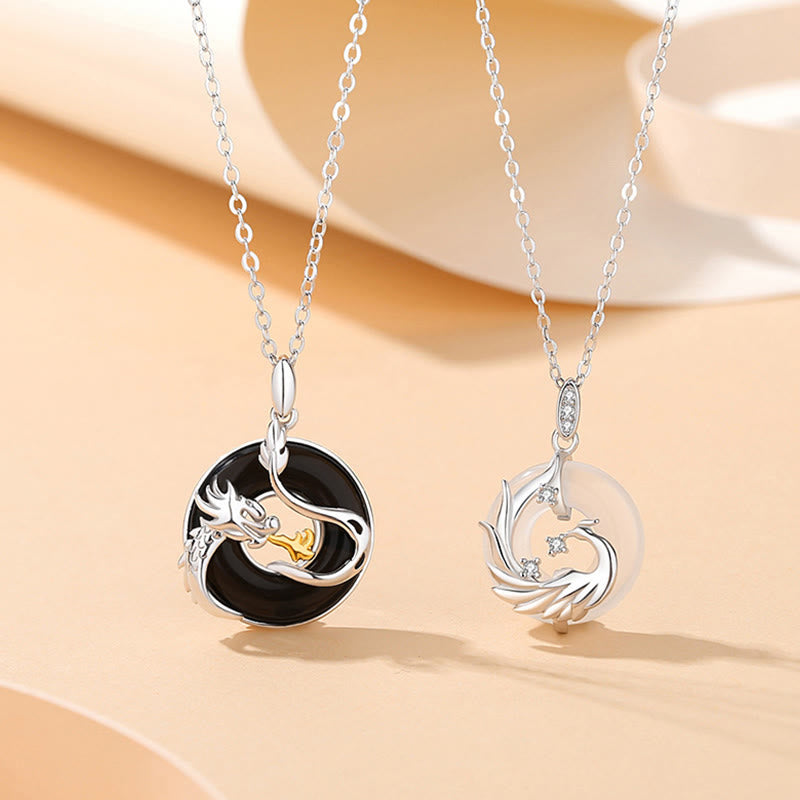 Karma Stone 925 Sterling Silver Year of the Dragon Natural Black Onyx Chalcedony Dragon Phoenix Peace Buckle Protection Necklace Pendant