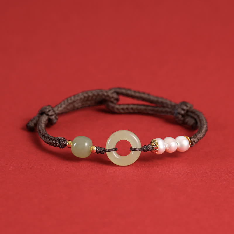 Karma Stone Natural Hetian Jade Pearl Peace Buckle Luck Bracelet