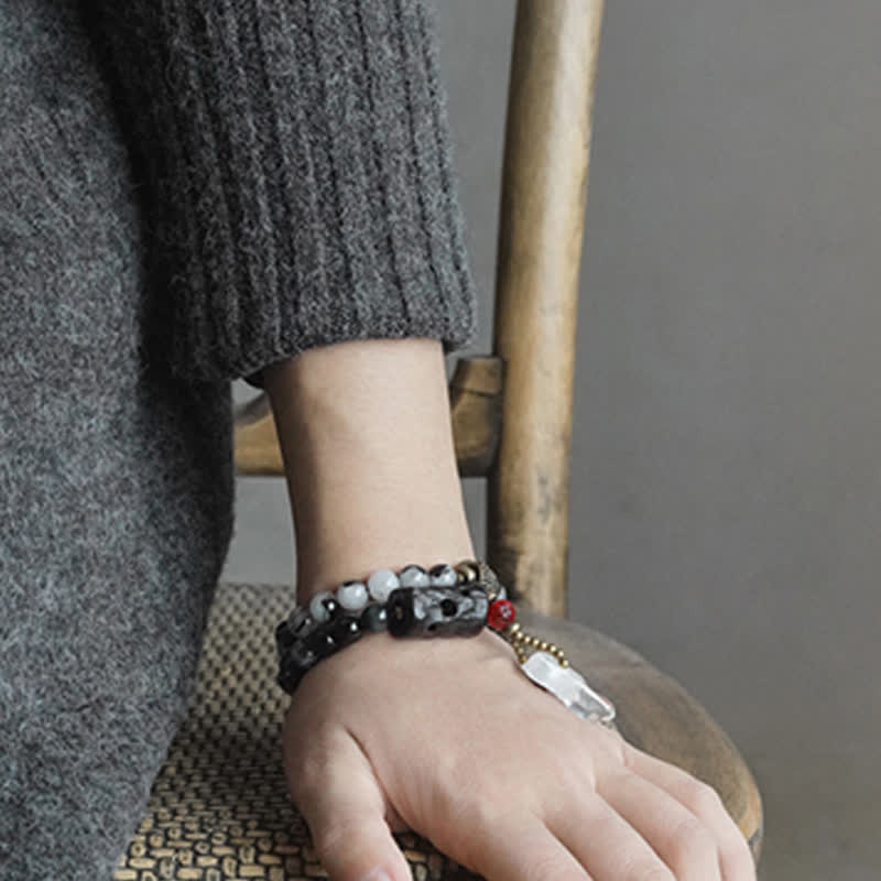 Karma Stone Black Rutilated Quartz Ebony Wood White Crystal Success Couple Bracelet