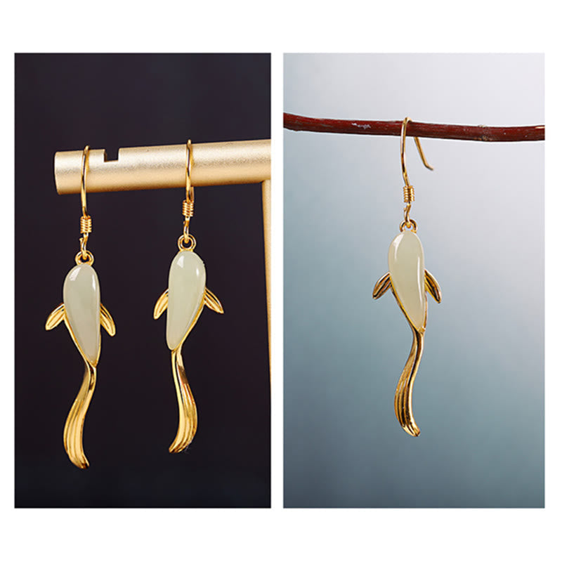 Karma Stone Fish Pattern Jade Luck Dangle Drop Earrings