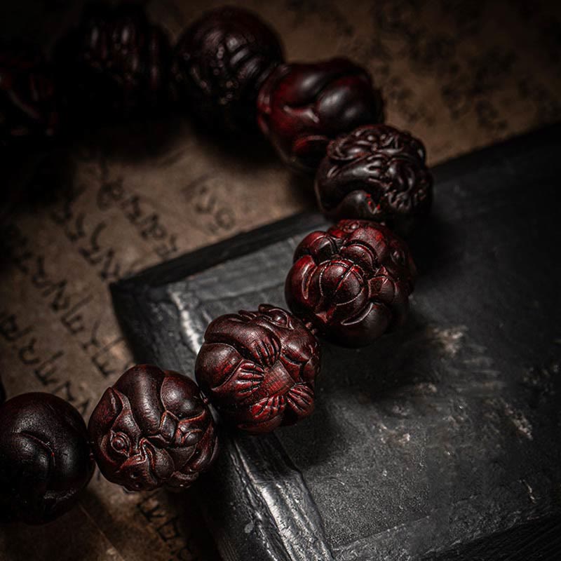 Karma Stone Chinese Zodiac Engraved Small Leaf Red Sandalwood Protection Bracelet