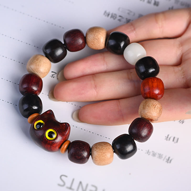 Karma Stone Small Leaf Red Sandalwood Ebony Wood Cute Cat Engraved Protection Bracelet