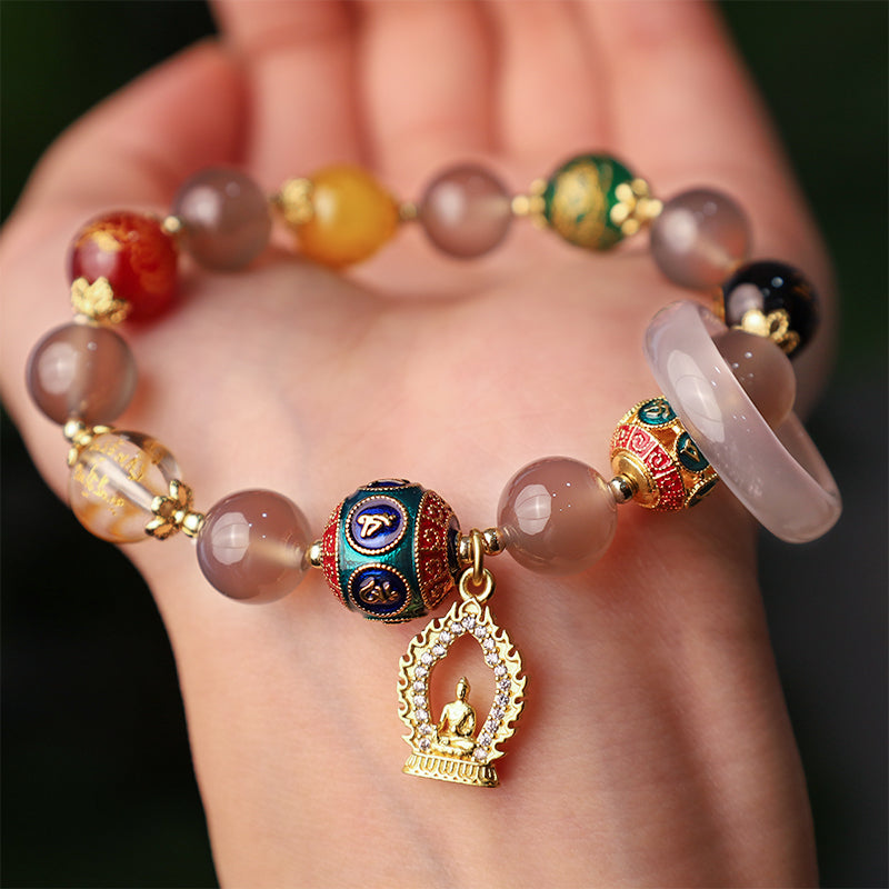 Karma Stone Natural Gray Agate Five Directions Gods of Wealth Om Mani Padme Hum Buddha Charm Bracelet
