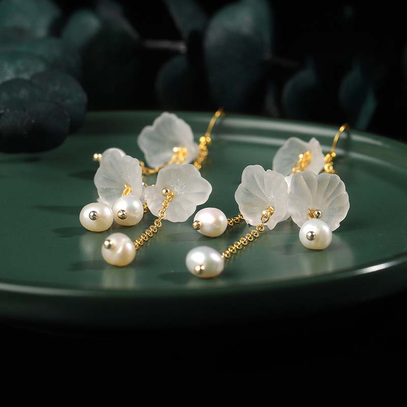 Karma Stone Pearl Flower Petals Luck Drop Earrings