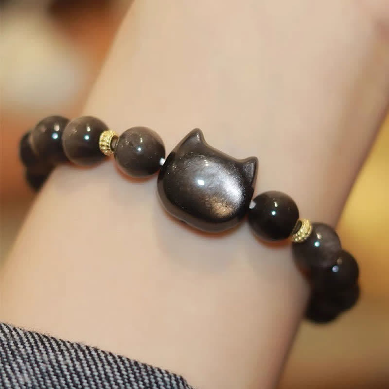 Karma Stone Gold Sheen Obsidian Silver Sheen Obsidian Lovely Paw Lucky Cat Protection Bracelet