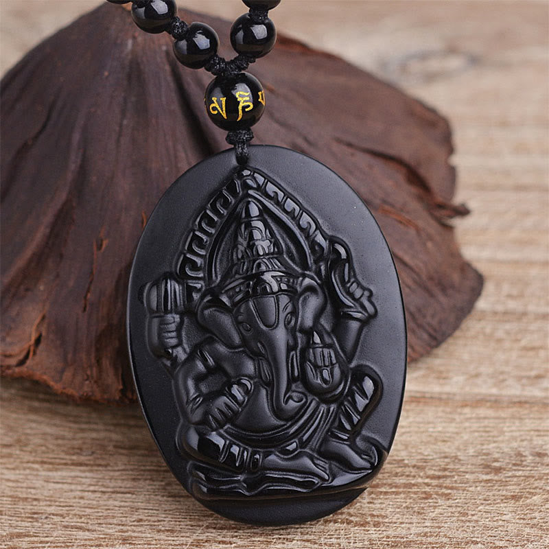 Karma Stone Tibetan Obsidian Ganesh Ganpati Elephant Wealth Amulet Necklace