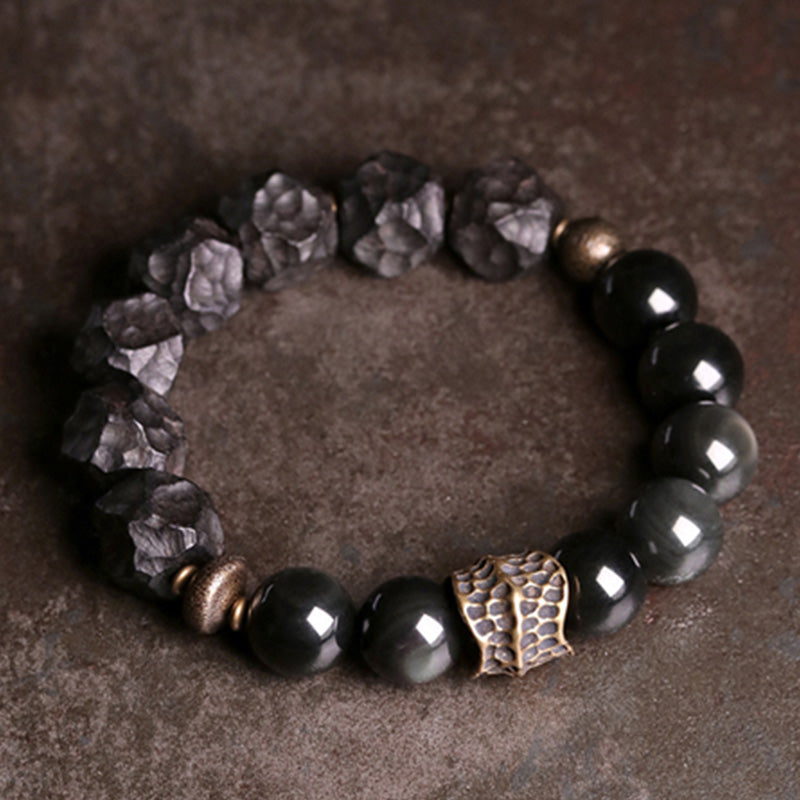 Karma Stone Black Obsidian Ebony Wood Copper Strength Couple Bracelet