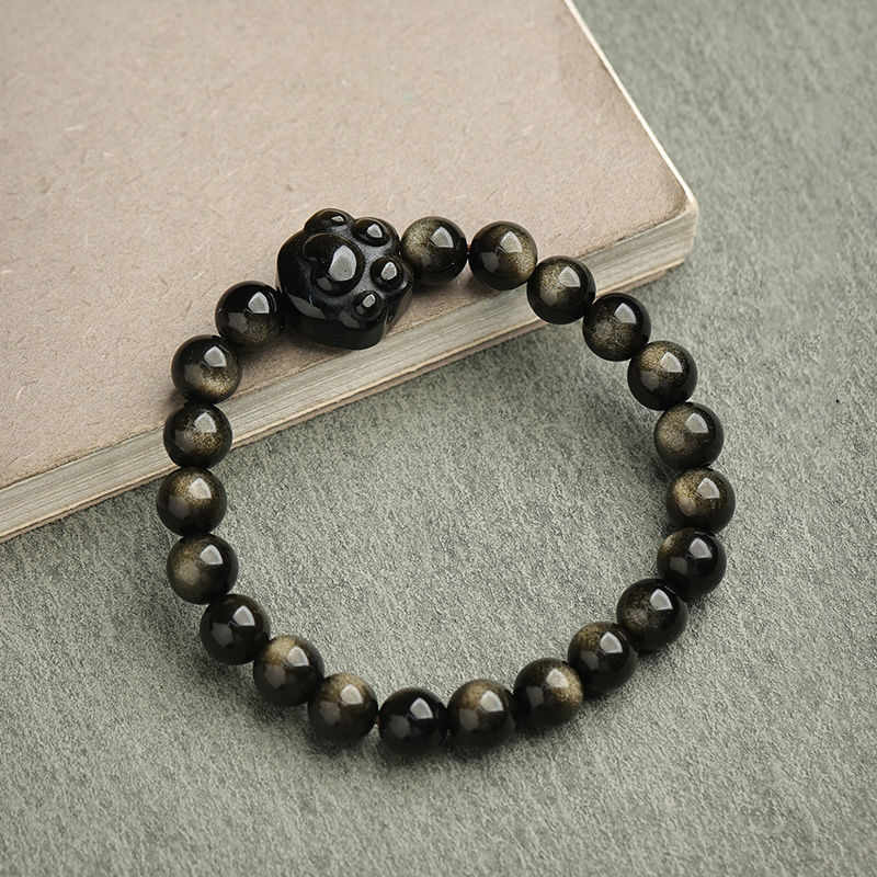 Karma Stone Gold Sheen Obsidian Silver Sheen Obsidian Lovely Paw Lucky Cat Protection Bracelet