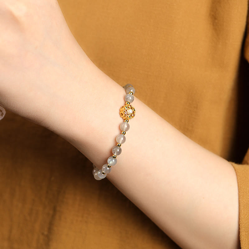 Karma Stone 14K Gold Plated Natural Strawberry Quartz Labradorite Sun Stone Fu Character Positive Charm Bracelet