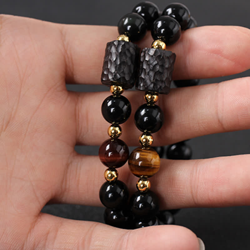 Karma Stone Black Obsidian Ebony Wood Red Tiger Eye Strength Couple Bracelet
