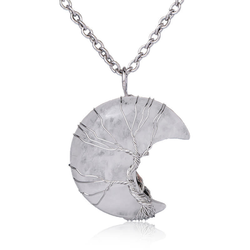 Karma Stone Natural Quartz Crystal Moon Tree Of Life Healing Energy Necklace Pendant