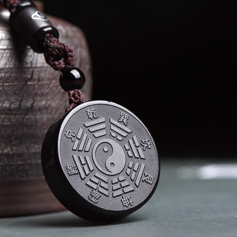 Karma Stone Black Obsidian Bagua Yin Yang Strength Necklace Pendant