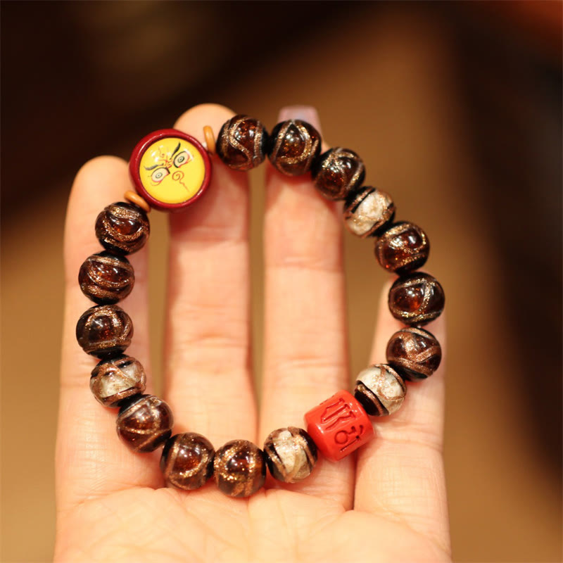 Karma Stone Tibetan Gold Swallowing Beast Family Five God Of Wealth Thangka Fortune Bead Bracelet