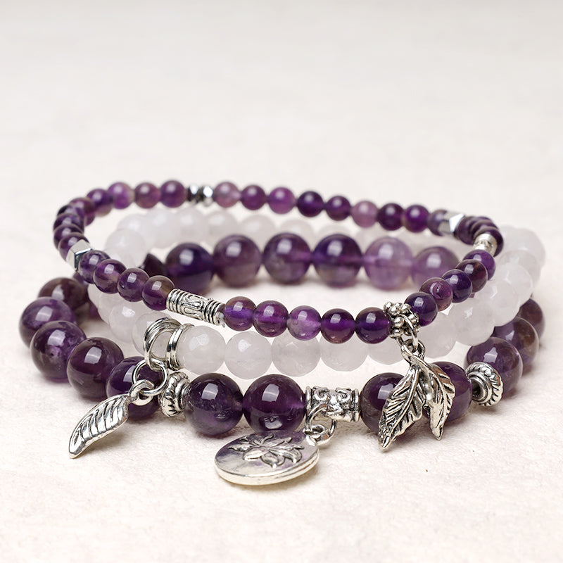 Karma Stone 3PCS Natural Quartz Crystal Beaded Healing Energy Lotus Bracelet