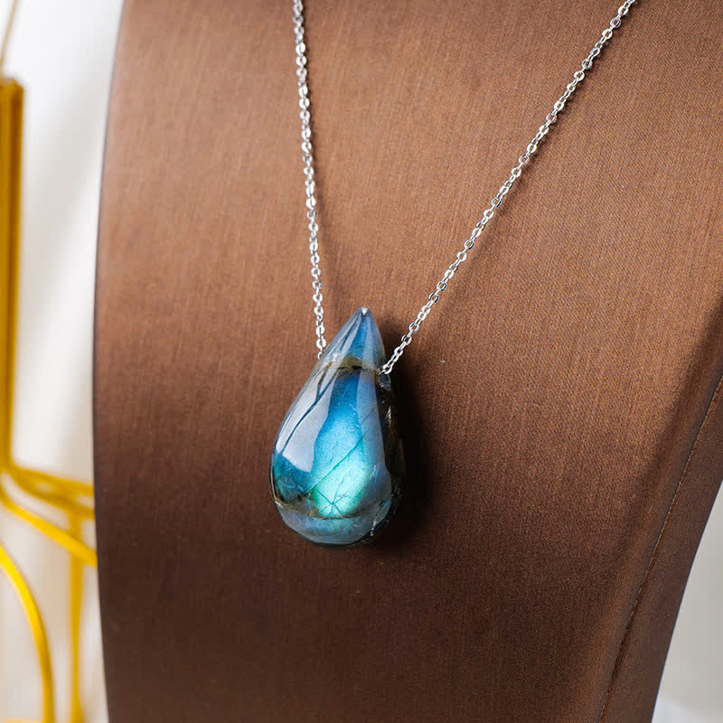 Karma Stone Labradorite Water Drop Support Healing Necklace Pendant