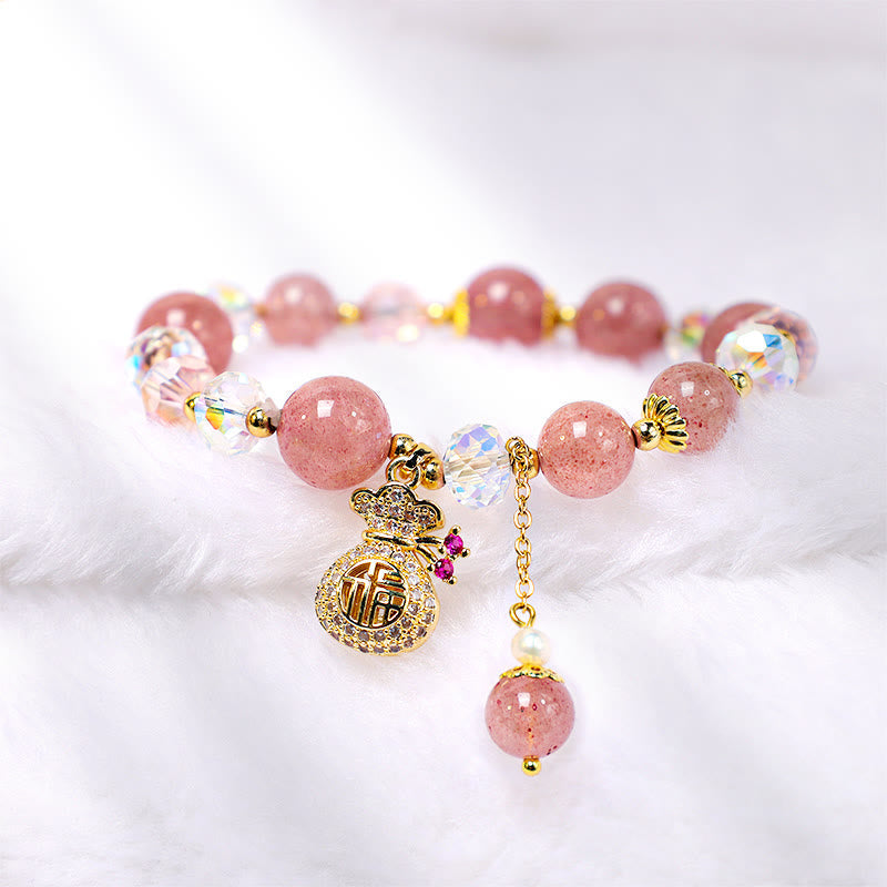 Karma Stone Natural Strawberry Quartz Crystal Money Bag Charm Positive Bracelet