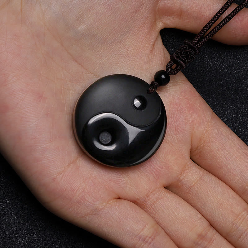 Karma Stone Black Obsidian Taoism Five Sacred Mountains Nine-Character Mantra Carved Purification Yin Yang Necklace Pendant