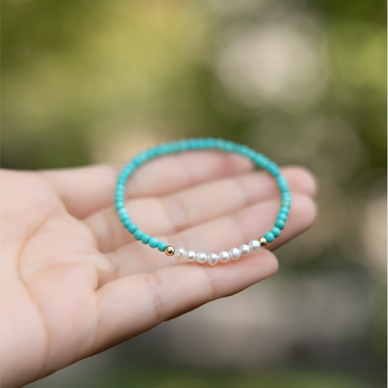 Karma Stone 925 Sterling Silver Natural Turquoise Pearl Beaded Bracelet