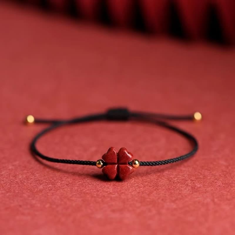 Karma Stone Natural Cinnabar Four Leaf Clover Blessing Red String Bracelet Anklet