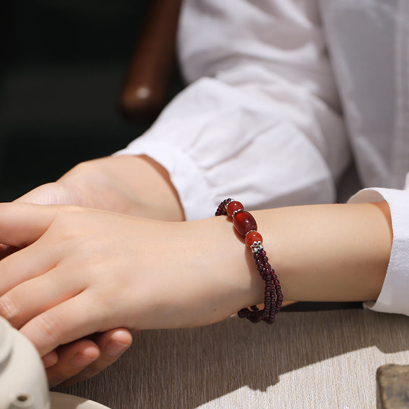 Karma Stone Natural Garnet Red Agate Protection Triple Layer Bracelet