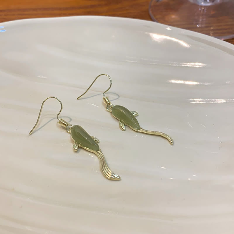 Karma Stone Fish Pattern Jade Luck Dangle Drop Earrings