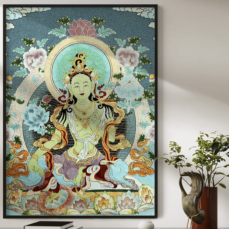 Karma Stone Tibetan Embroidery White Tara Thangka Tapestry Wall Hanging Wall Art Meditation for Home Decor