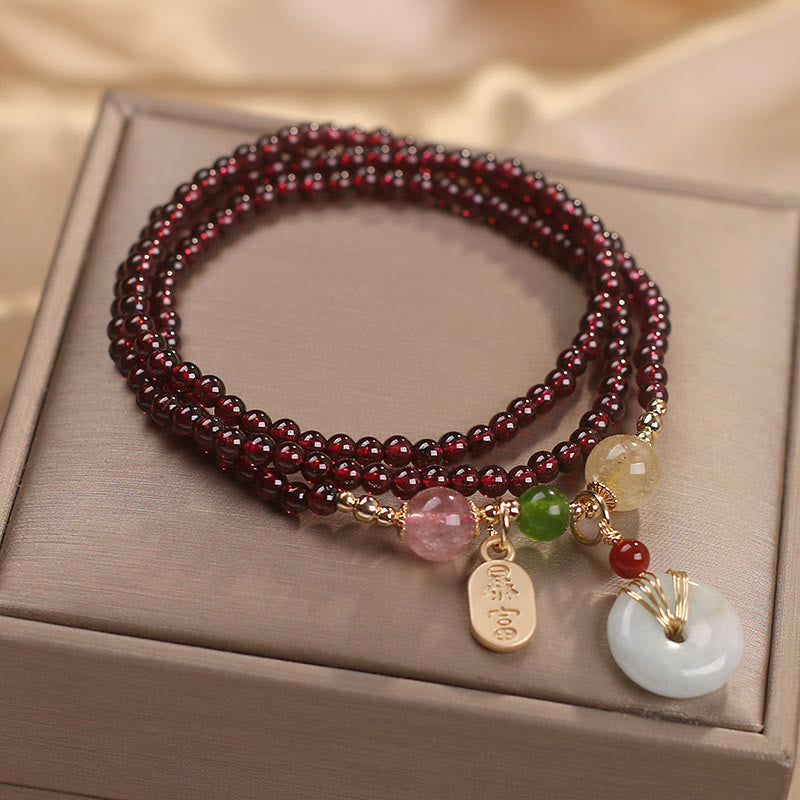 Karma Stone Natural Garnet Strawberry Quartz Crystal Fox Koi Fish Peace Buckle Fortune Protection Triple Wrap Bracelet