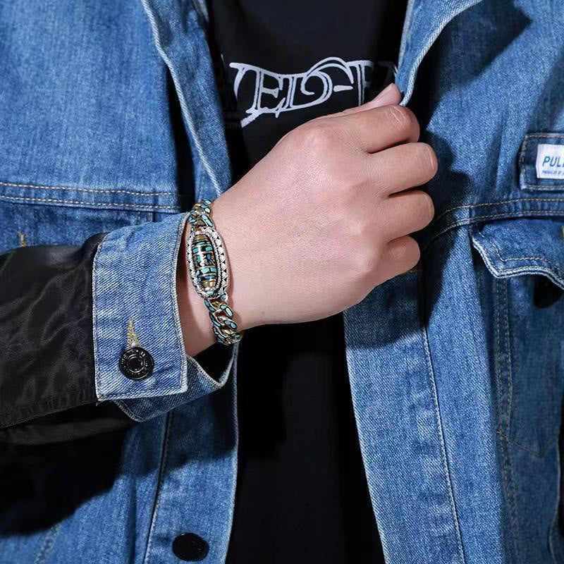Karma Stone Tibetan Nine-Eye Dzi Bead Om Mani Padme Hum Turquoise Protection Rotatable Bracelet