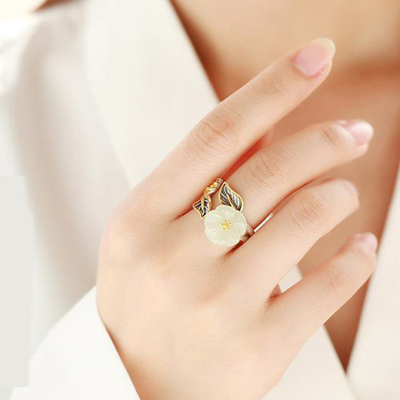 Karma Stone 925 Silver Plated Copper White Jade Plum Flower Leaf Luck Ring