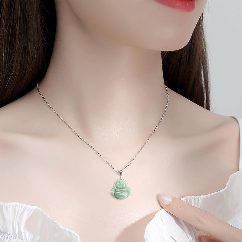 Karma Stone 925 Sterling Silver Laughing Buddha Jade Blessing Necklace Chain Pendant