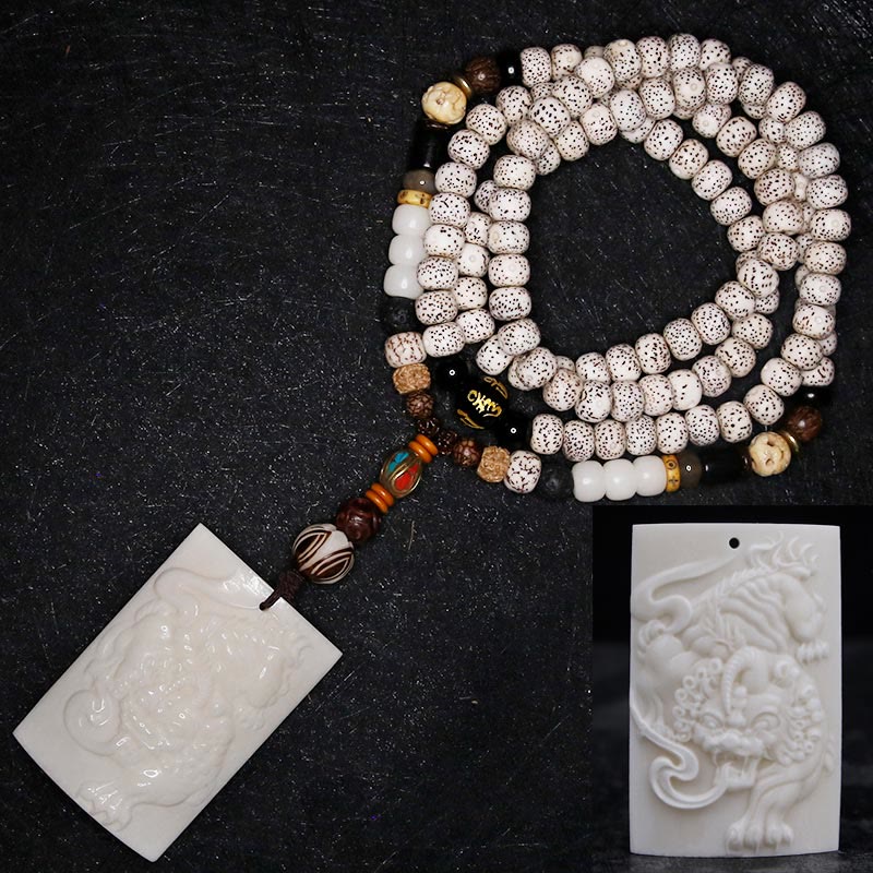 Karma Stone 108 Mala Beads Bodhi Seed Yak Bone Avalokitesvara Lucky Pixiu Guan Gong Buddha Demon Peace Tassel Bracelet