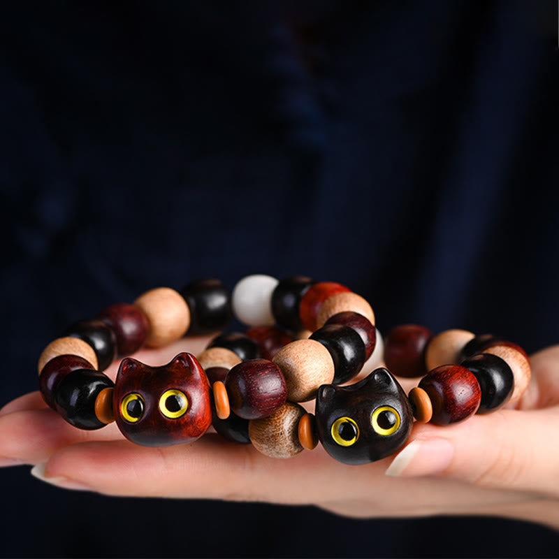 Karma Stone Small Leaf Red Sandalwood Ebony Wood Cute Cat Engraved Protection Bracelet