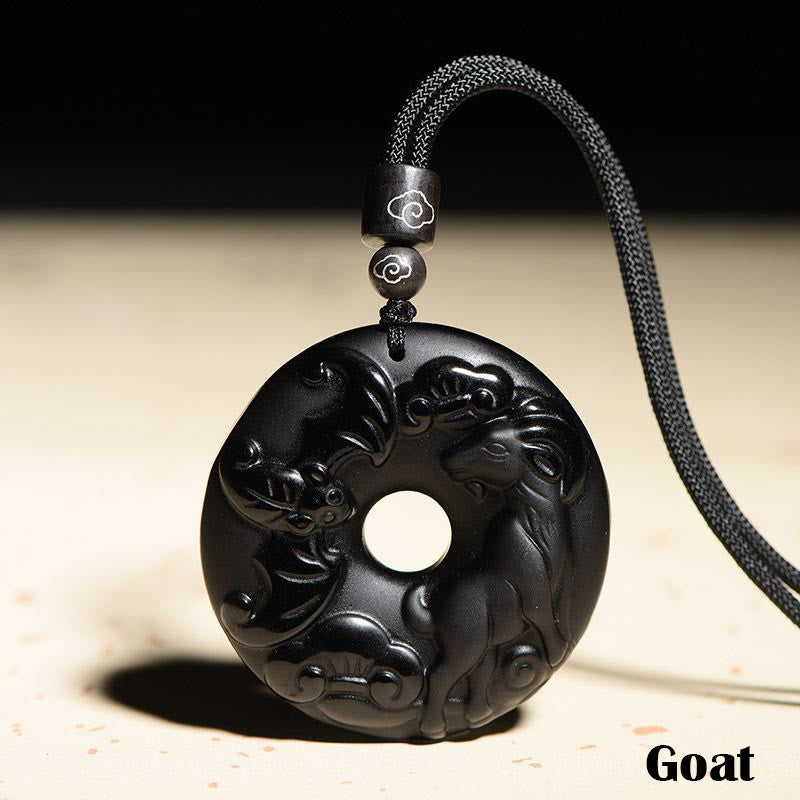 Karma Stone Chinese Zodiac Natural Black Obsidian Peace Buckle Strength Necklace Pendant