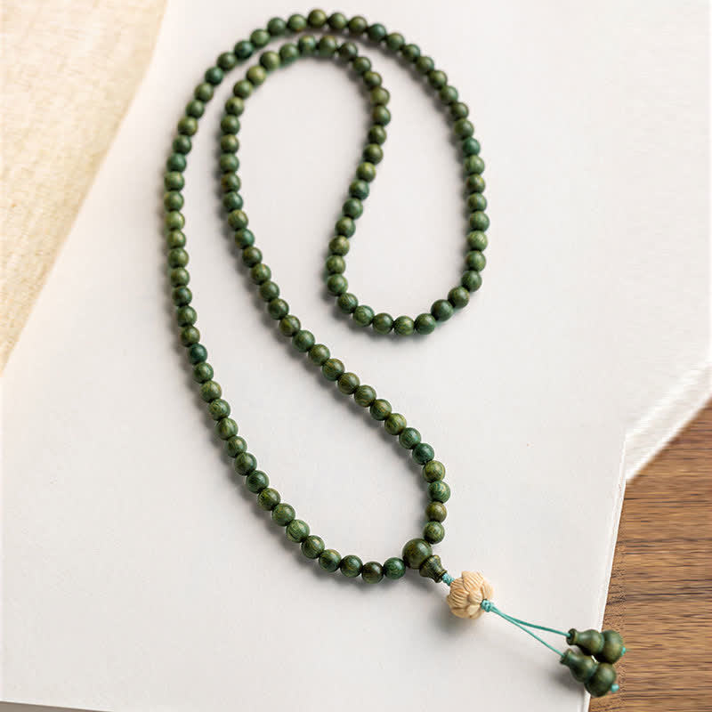 Karma Stone 108-Bead Rosary Green Sandalwood, Boxwood, Lotus, Auspicious Wooden Rosary Bracelet