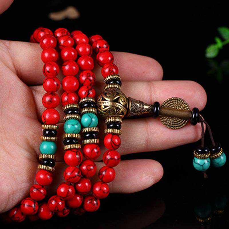 Karma Stone Tibetan Mara Red and Green Turquoise Lucky Beaded Prayer Bracelet Necklace