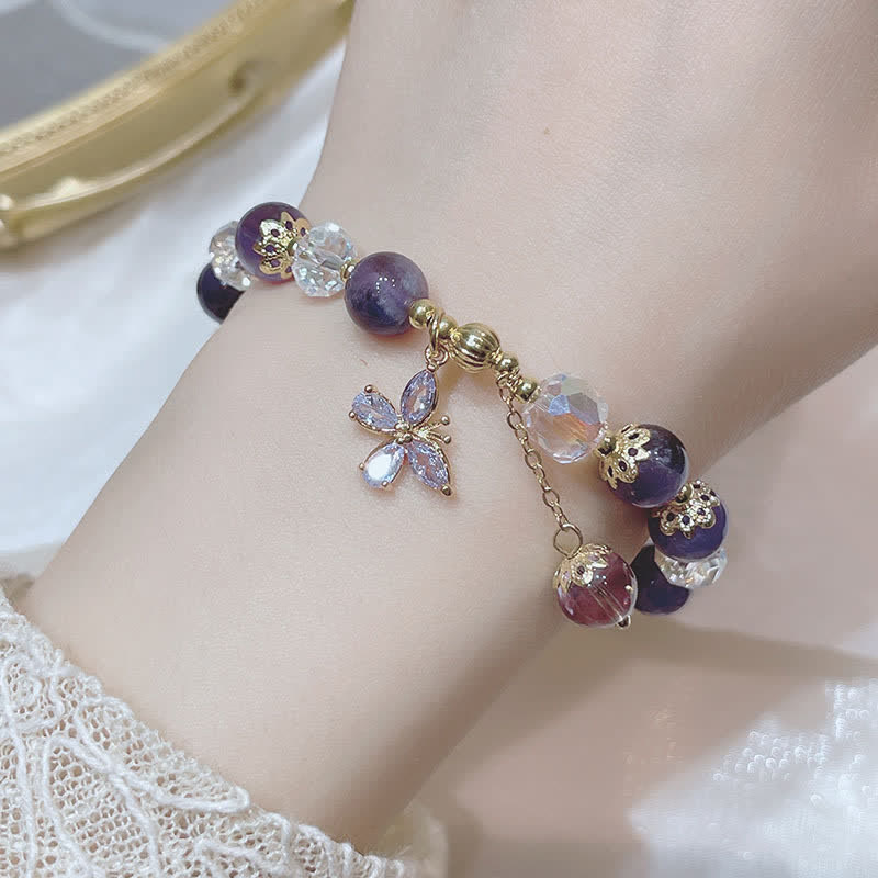 Karma Stone Natural Amethyst Crystal Spiritual Butterfly Charm Bracelet