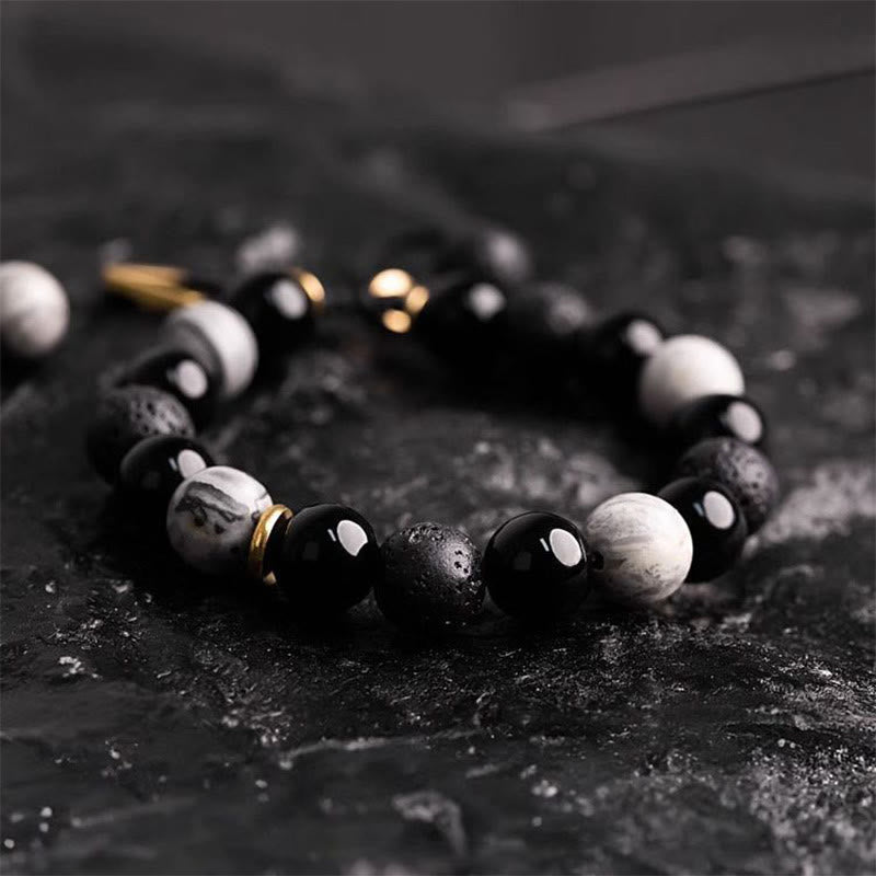 Karma Stone Black Obsidian Lava Rock Stone Yin Yang Strength Bracelet