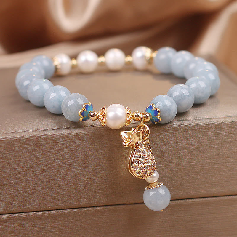 Karma Stone Aquamarine Pearl Fortune Money Bag Charm Bracelet