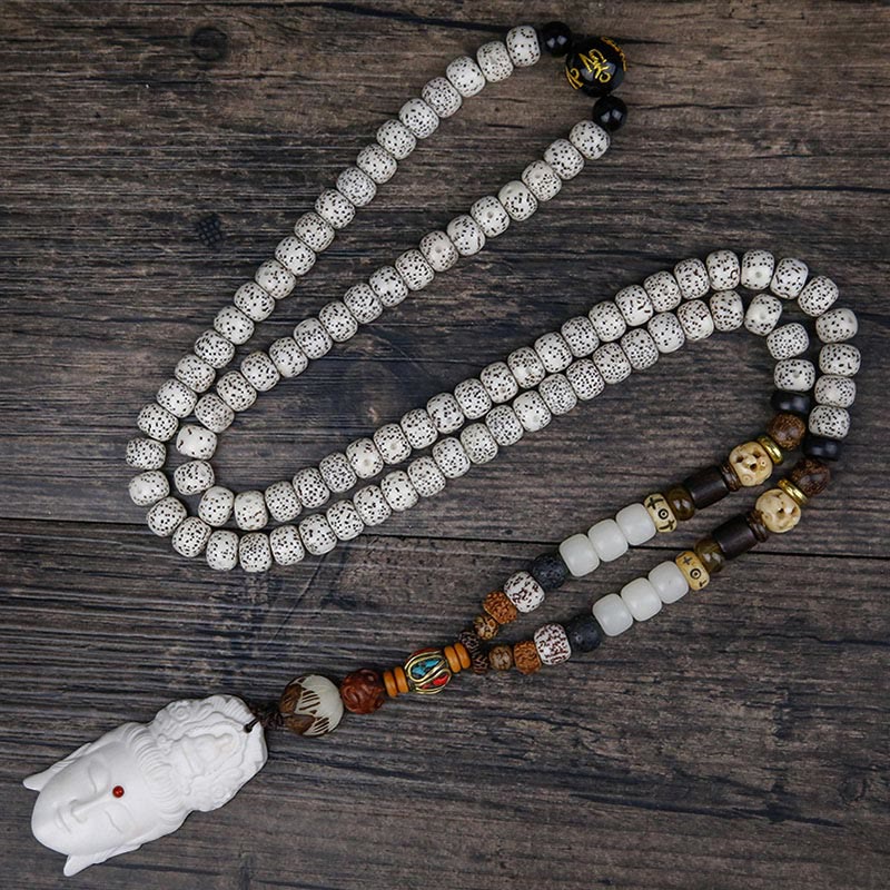 Karma Stone 108 Mala Beads Bodhi Seed Yak Bone Avalokitesvara Lucky Pixiu Guan Gong Buddha Demon Peace Tassel Bracelet