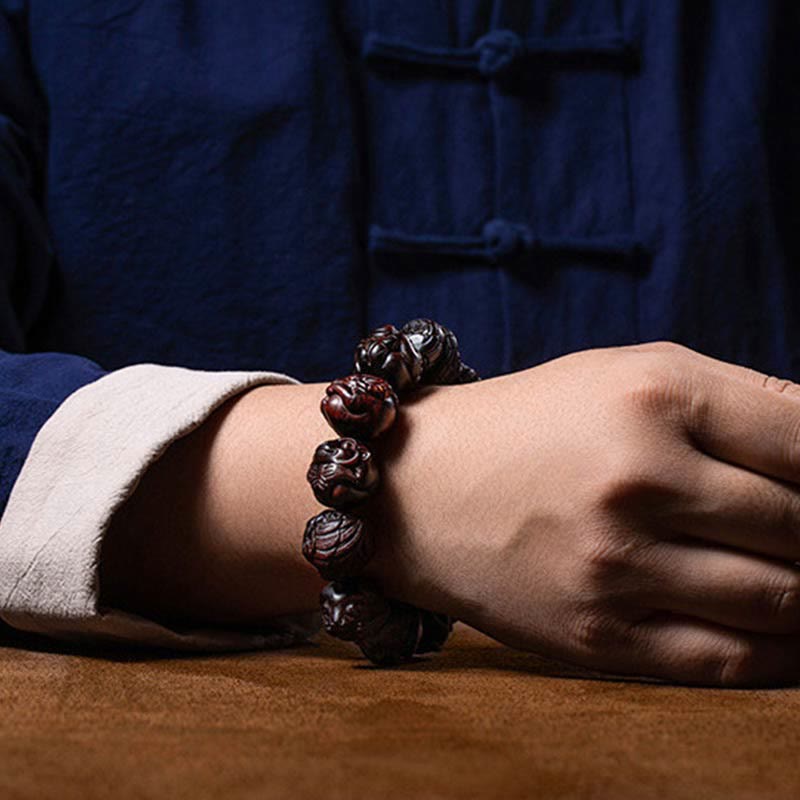 Karma Stone Chinese Zodiac Engraved Small Leaf Red Sandalwood Protection Bracelet