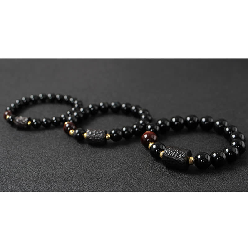 Karma Stone Black Obsidian Ebony Wood Red Tiger Eye Strength Couple Bracelet