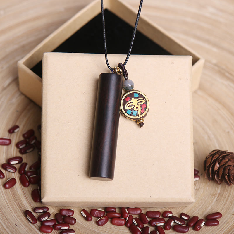 Karma Stone Tibetan Ebony Wood Dzi Bead Peace Calm Necklace Pendant