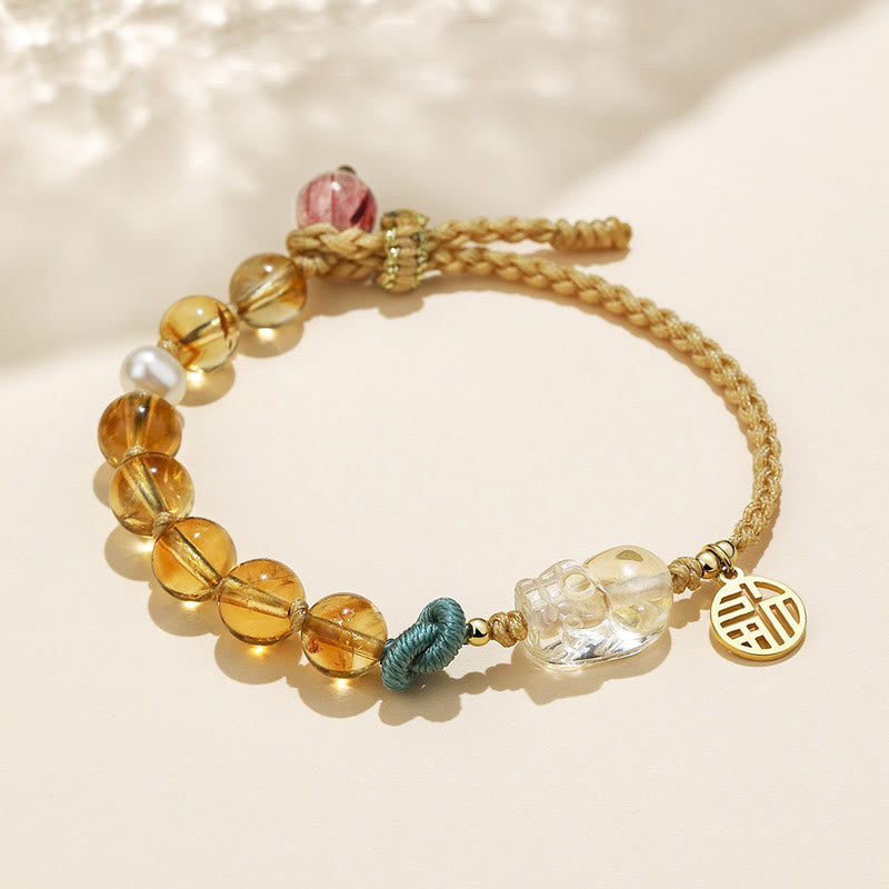 Karma Stone Citrine PiXiu Fu Character Prosperity String Braided Bracelet
