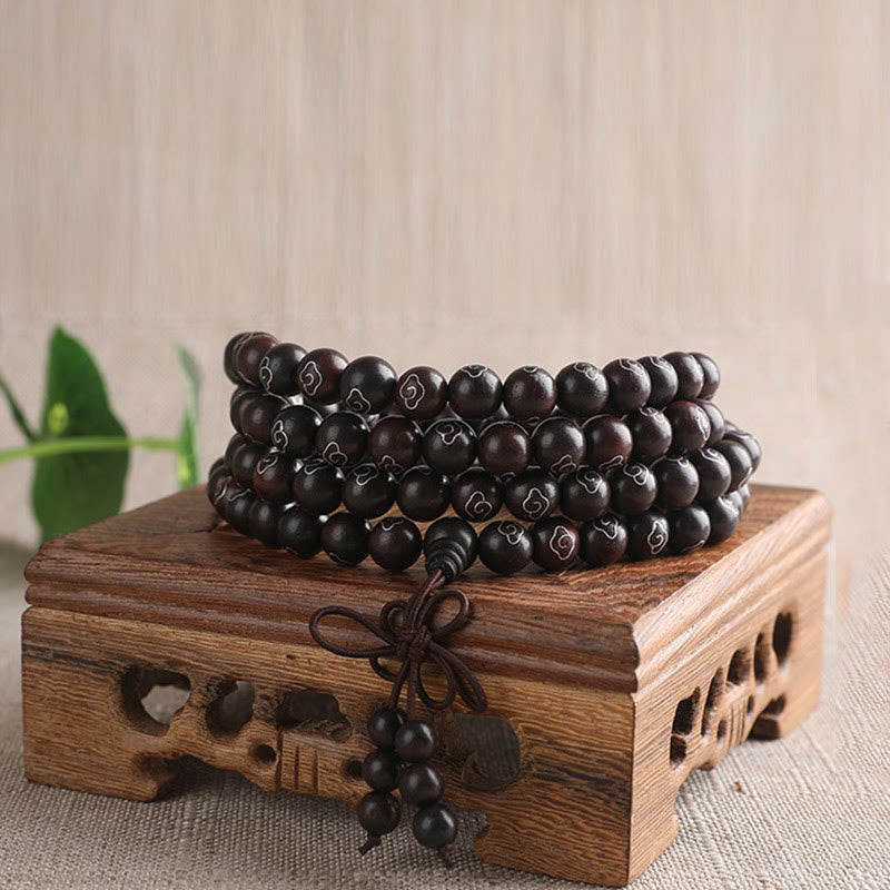 Karma Stone 925 Sterling Silver Inlaid Small Leaf Red Sandalwood Om Mani Padme Hum Character Auspicious Clouds Protection Bracelet