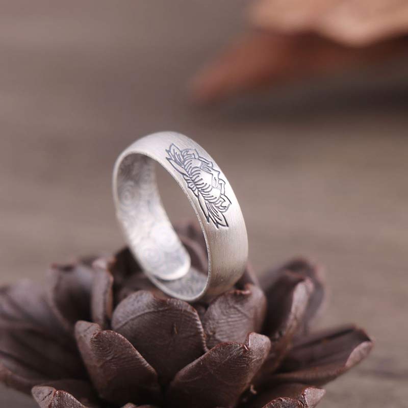Karma Stone 999 Sterling Silver Lotus Elephant Six True Words Blessing Ring