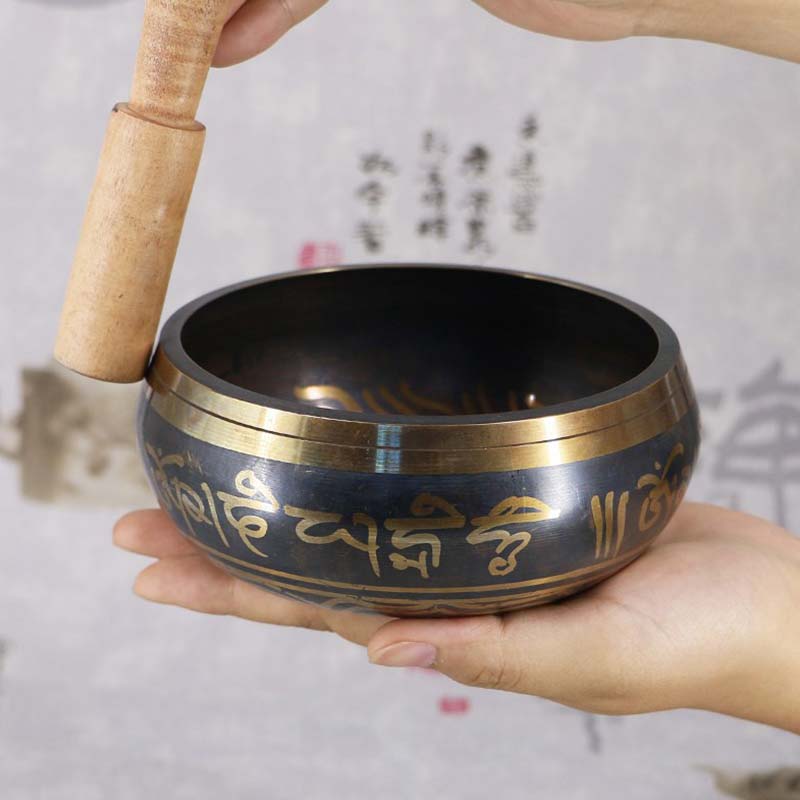 Karma Stone Tibetan Meditation Bowl for Healing and Mindfulness Om Mani Padme Hum Singing Bowl