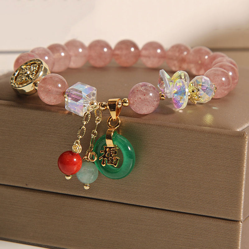 Karma Stone Strawberry Quartz Jade Fu Character Charm Healing Bracelet